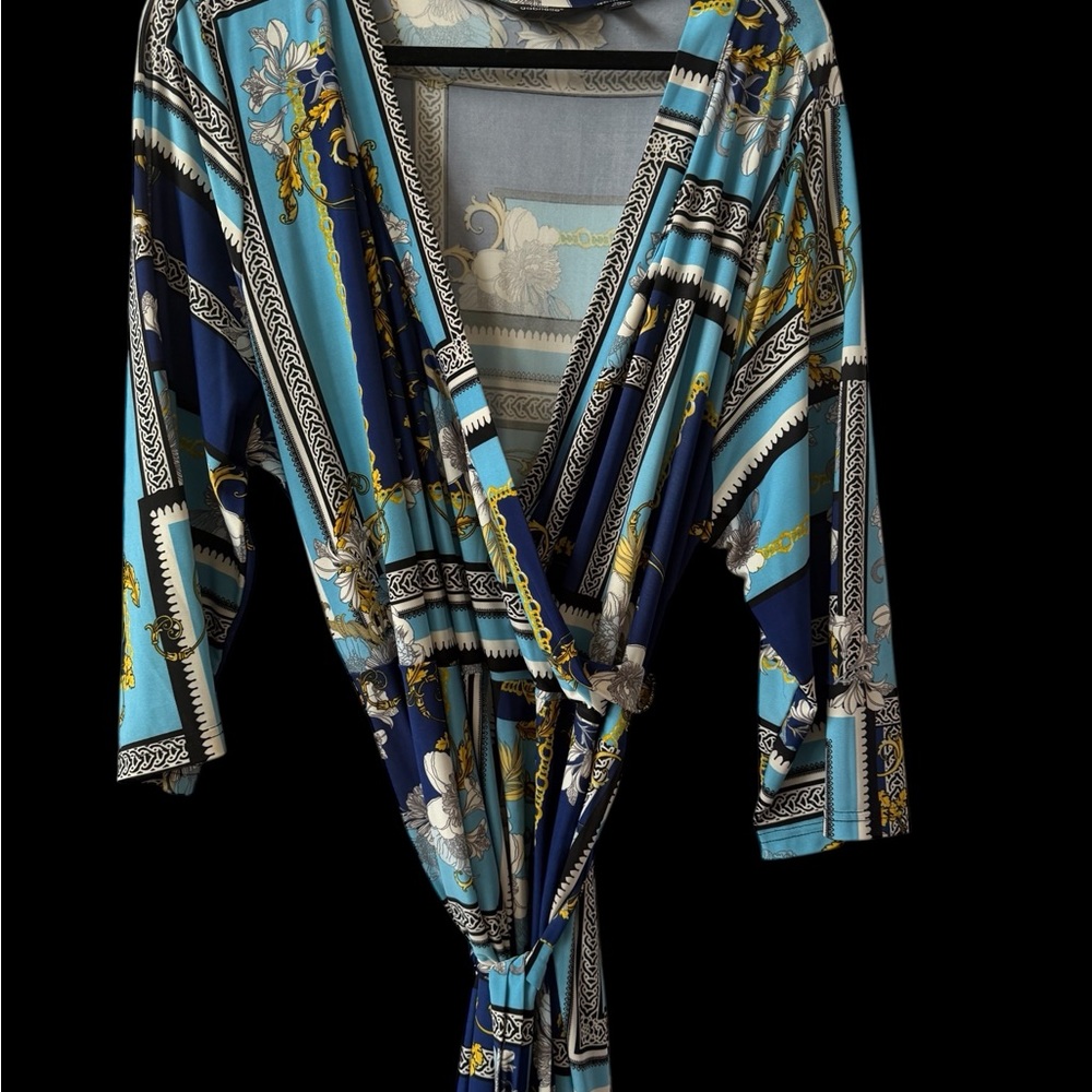 Mlle Gabrielle Blue & Gold Floral Wrap Maxi Dress
